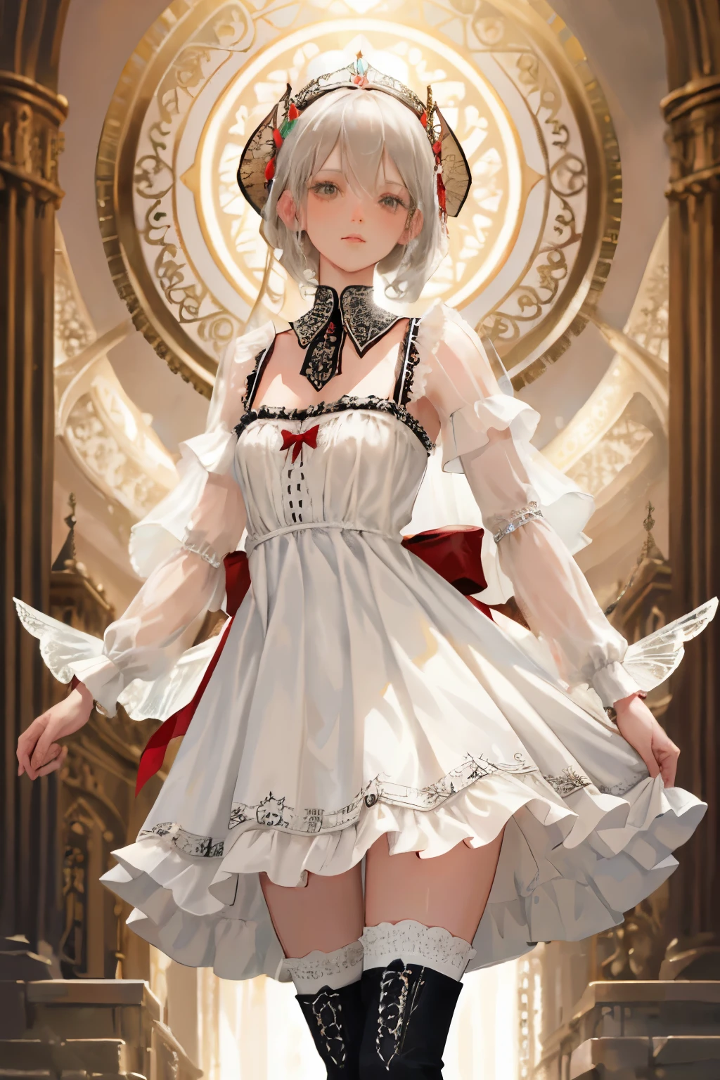  ((best quality)), ((masterpiece)), (detailed), a heavenly female knight, imposing, biblical, NSFW, long white grey hair, grey white eyes, very skinny, detailed, best quality, prominent collarbones, skinny arms, flat stomach, visible hip bones, small breasts, full body, red and white clothing, occult aesthetic, occult, detailed and intricate steampunk and detailed gothic, NSFW, Fluttering lace flared long knee length dress with frilly petticoats, knee length dress, pleated petticoats, petticoats gothic, complex lace boots, gothic aesthetic, wielding a mighty sword with mechanical components, mandalas, small breasts, a fairy, various different types of insect wings, bug wings, beetle wings, NSFW, full body, whole body, body, chains, 