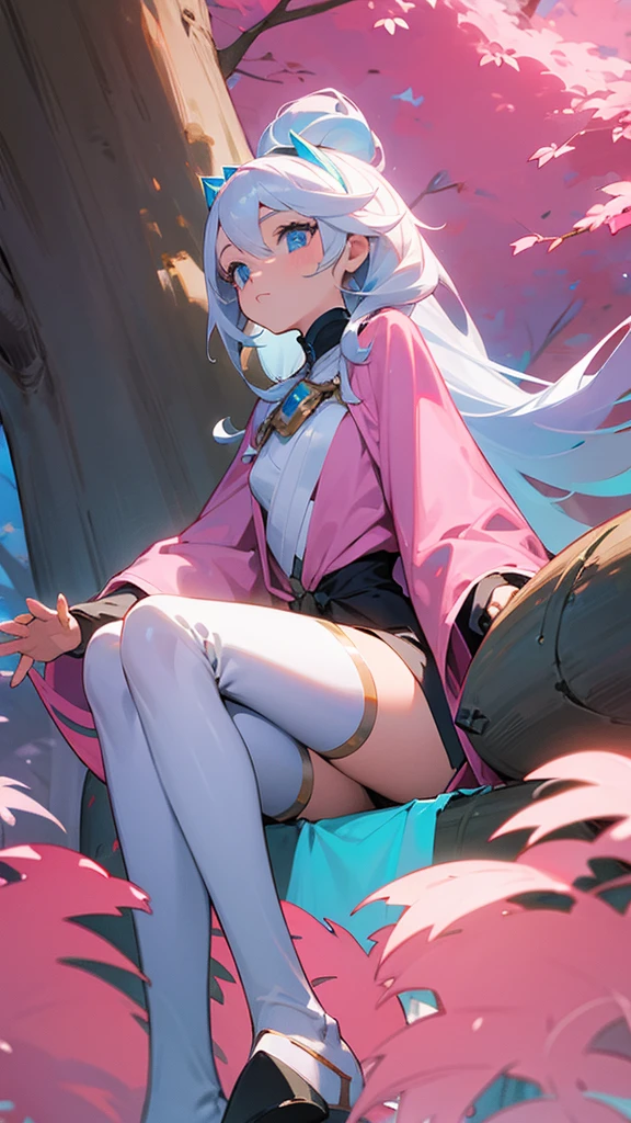 Une fille avec des long cheveux blancs,Blue eyes,she sits at the foot of a giant tree with pink leaves in a plain
