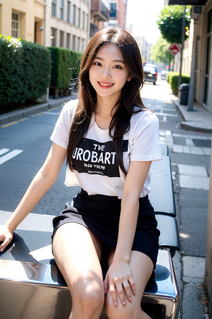 Top quality, 1 beautiful woman, long Hair, brown hair, wearing t-shirts & skirt, shy-smile, Sunlight, at street