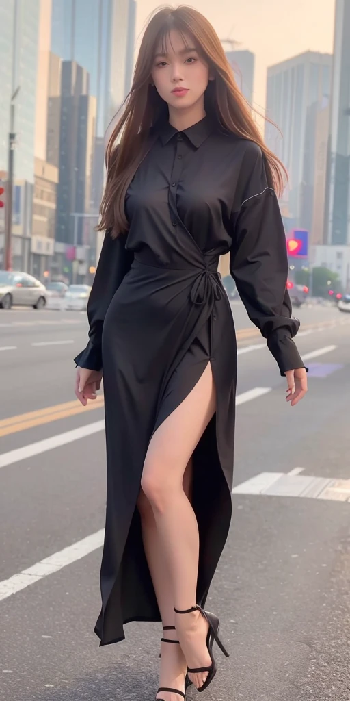 mix4, 20d, solo, long_hair, shirt, dress, high_heels, full_body, look_at_viewer, (8k, RAW photo, best quality, mastery:1.2), (realistic, photo-realistic:1.37), professional lighting, photon mapping, light energy transfer, physically based rendering,