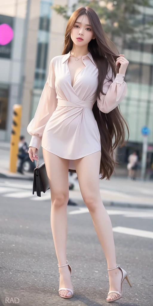 mix4, 20d, solo, long_hair, shirt, dress, high_heels, full_body, look_at_viewer, (8k, RAW photo, best quality, mastery:1.2), (realistic, photo-realistic:1.37), professional lighting, photon mapping, light energy transfer, physically based rendering,