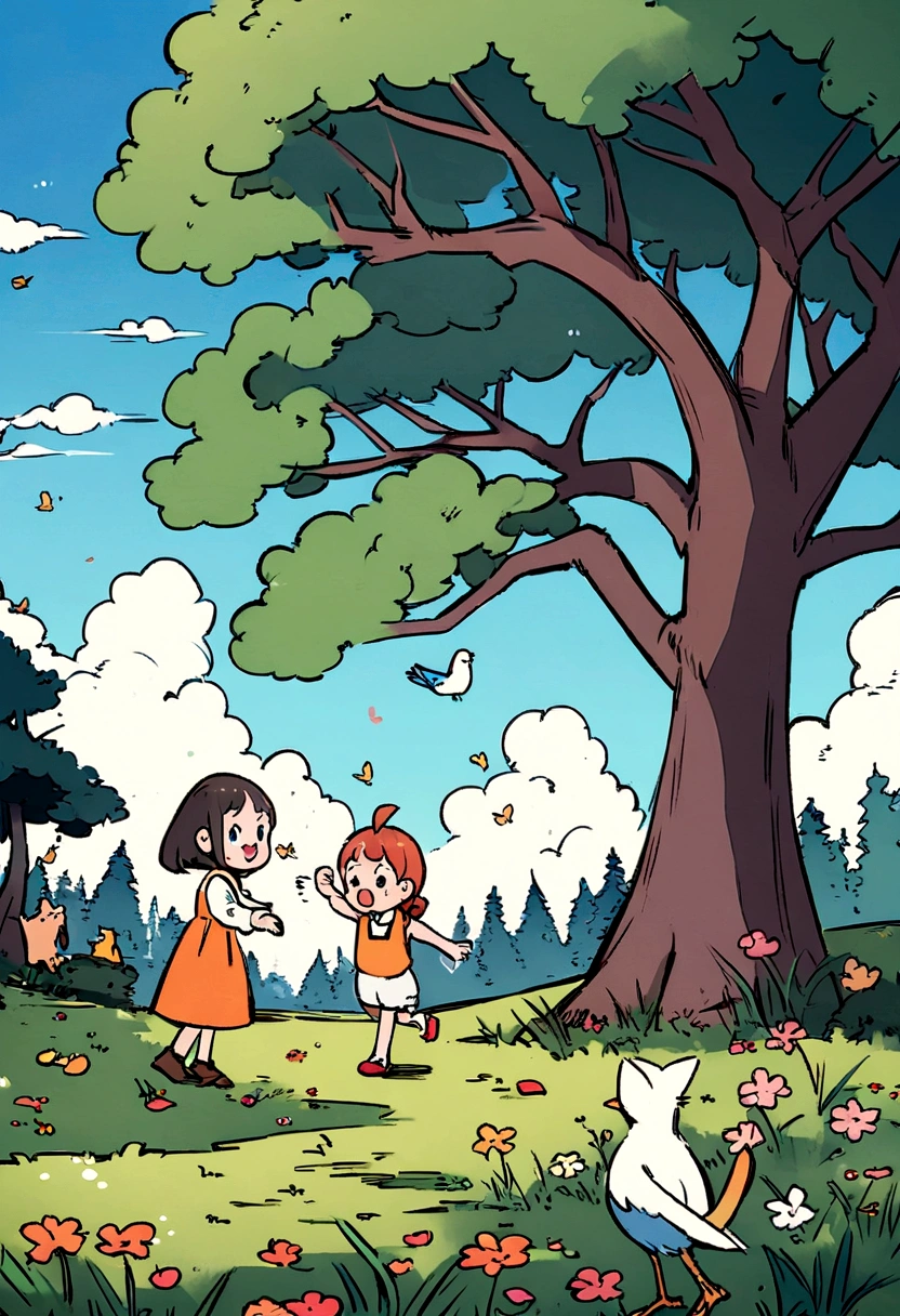 European and American cartoons, Art Illustration, Grass, outdoor, sky, sky空,, bird, Tree, petal, Grass坪 ,Tree木,Cat,sky空。森林 两只Cat咪卡通人物