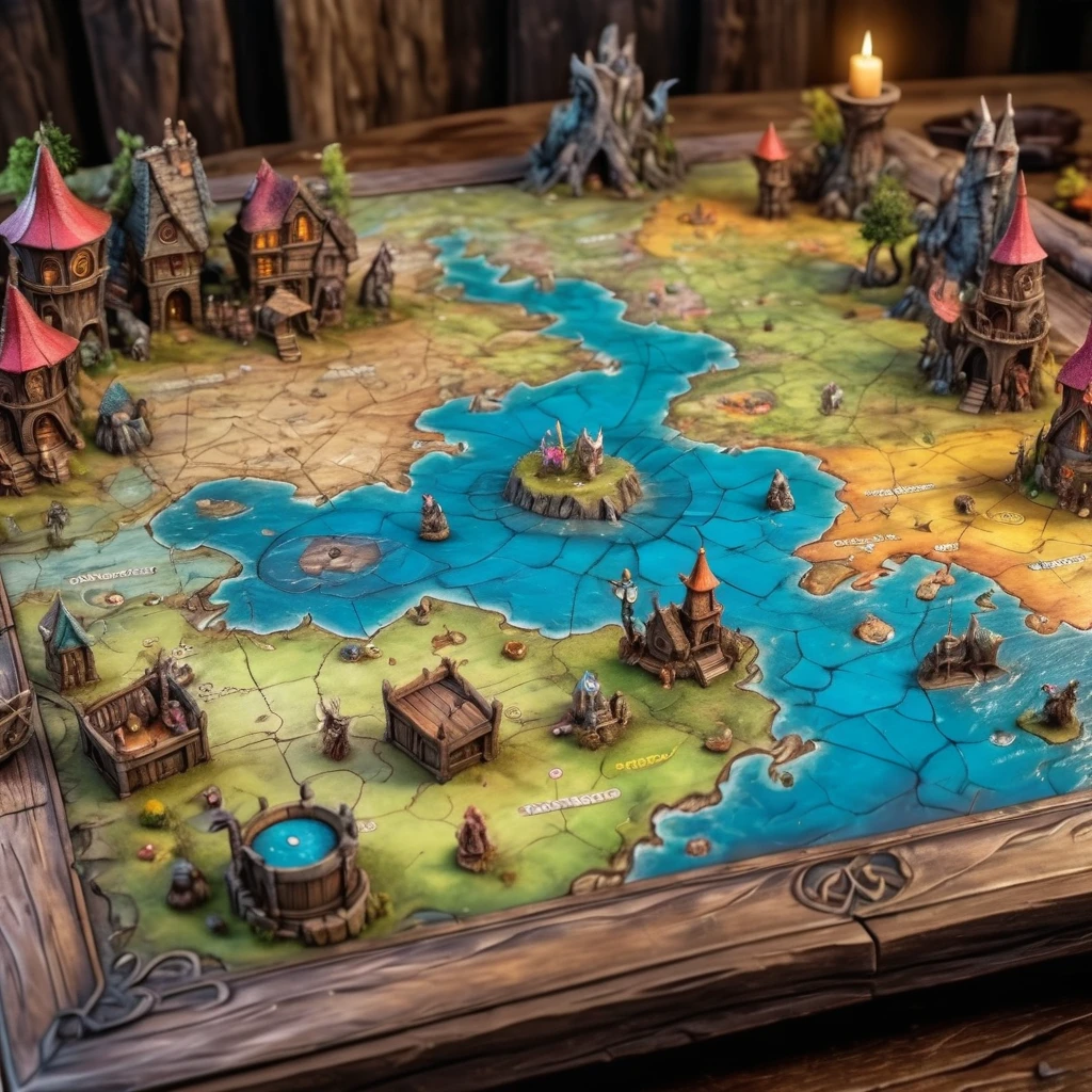 miniature fairyland world, role playing game map on old battered wooden table, full of fantastic creatures, colorful, vibrant colors, deep depth of field, sharp focus 8K ultra HD, high quality, detailed, ultra realistic, masterpiece