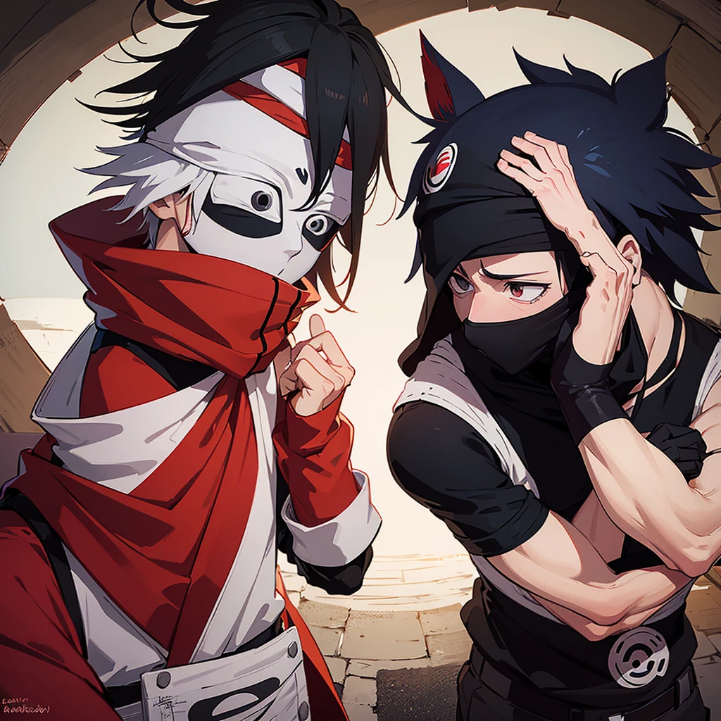 two people, Obito Uchiha from the anime Naruto and Kakashi Hatake from the anime Naruto, they kiss, Obito taller and muscular 