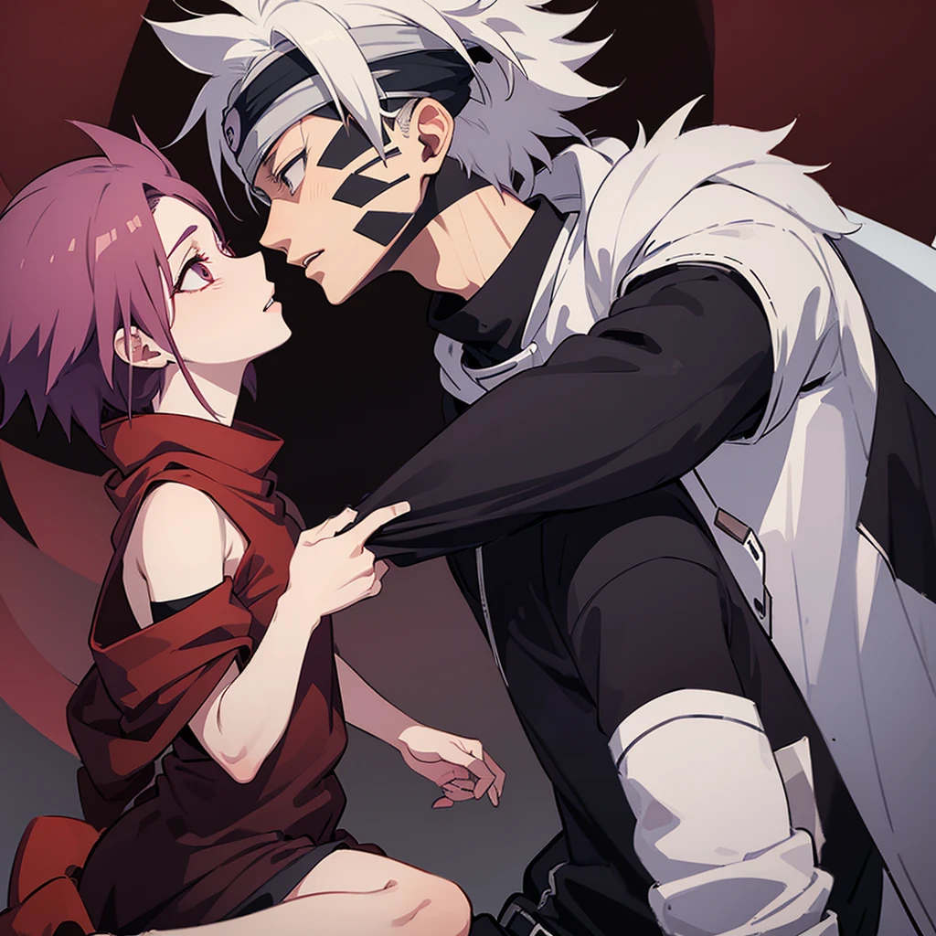 two people, Obito Uchiha from the anime Naruto and Kakashi Hatake from the anime Naruto, they kiss, Obito taller and muscular
