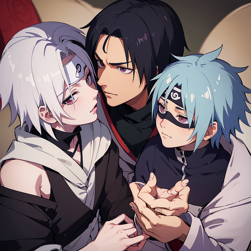 two people, Obito Uchiha from the anime Naruto and Kakashi Hatake from the anime Naruto, they kiss, Obito taller and muscular