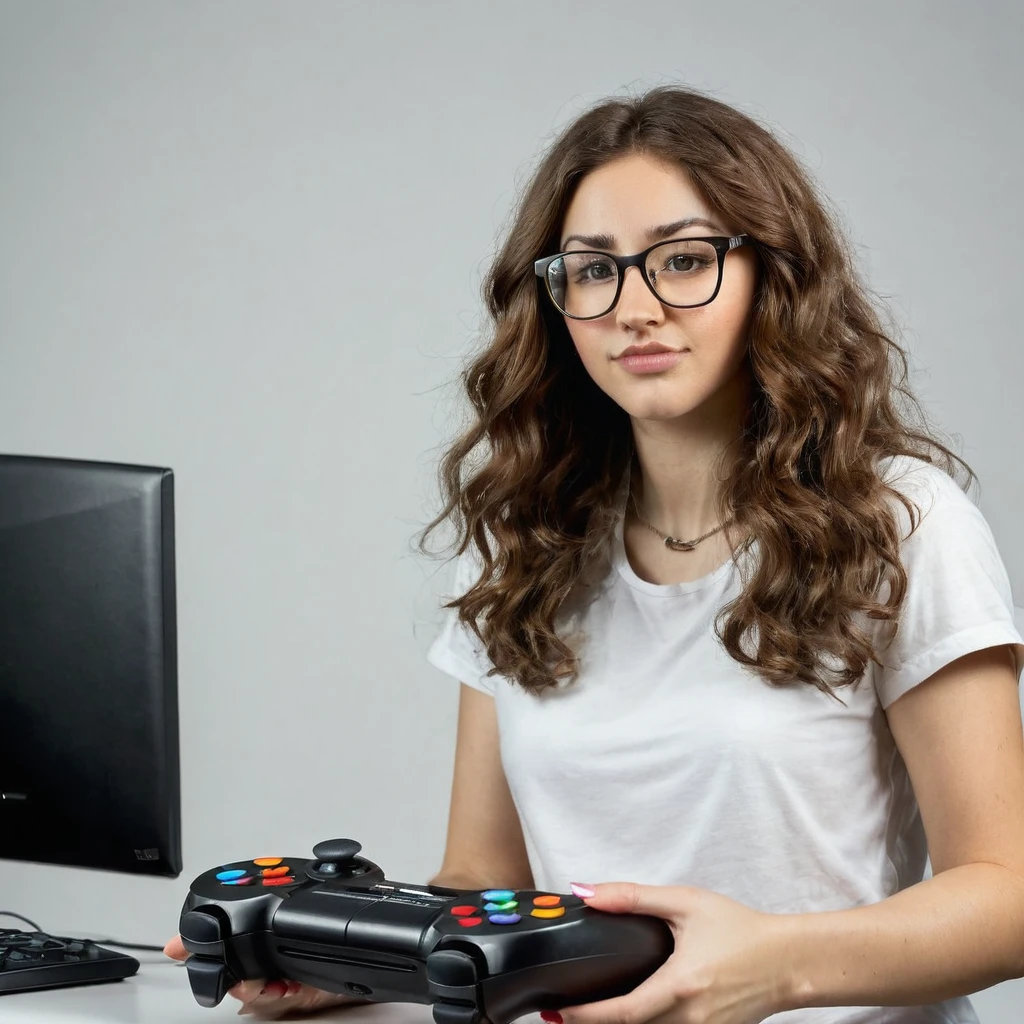 
bearded woman, long frizzy brown hair, wears glasses, geek nerd, plays video games