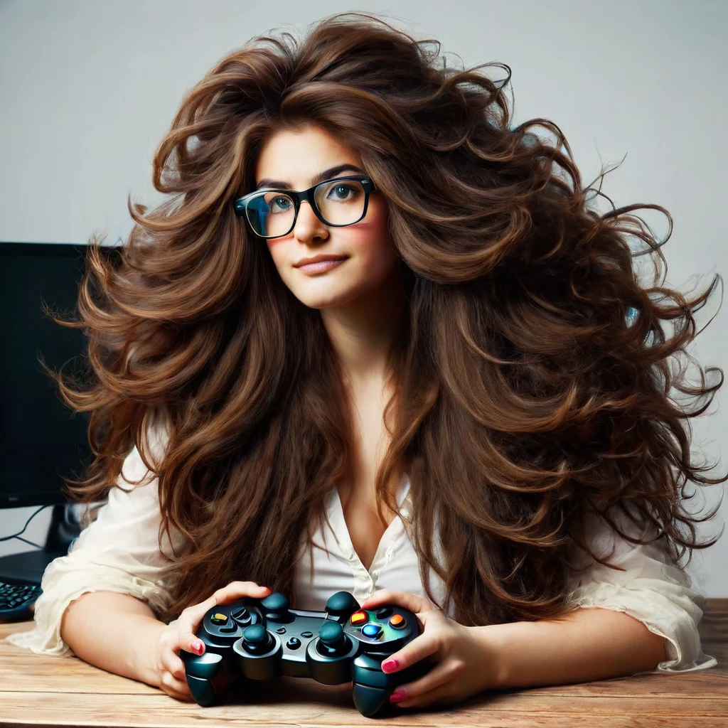 
bearded woman, long frizzy brown hair, wears glasses, geek nerd, plays video games