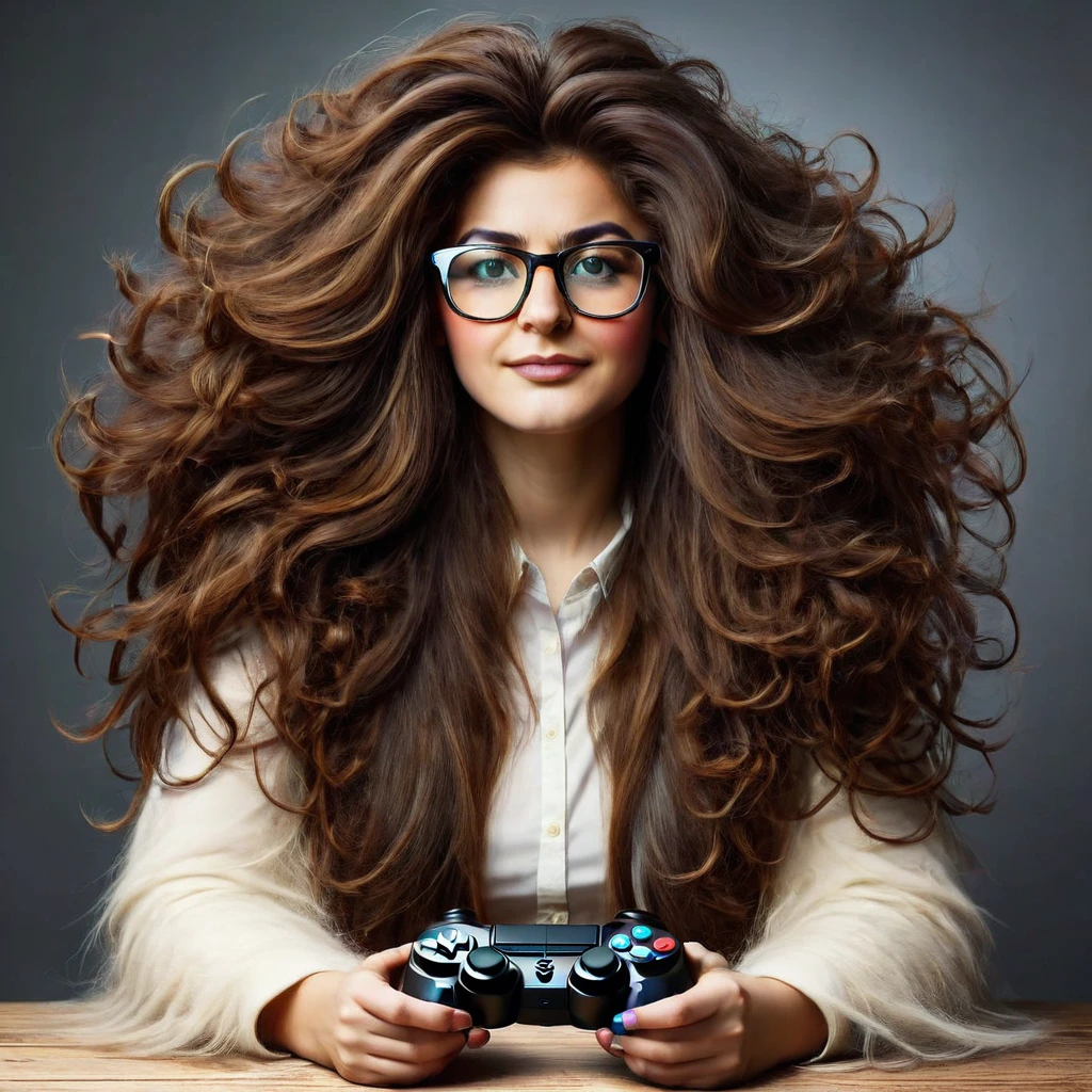 
bearded woman, long frizzy brown hair, wears glasses, geek nerd, plays video games