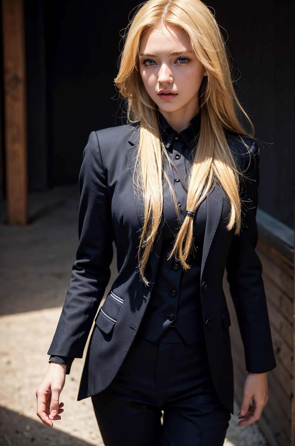 Best quality, masterpiece, ultra high res, (photorealistic:1.4), raw photo, 1girl, blonde hair, blue eyes, detailed eyes and face, black suit, dynamic lighting, in the dark, deep shadow, low key, cowboy shot full-lenght body