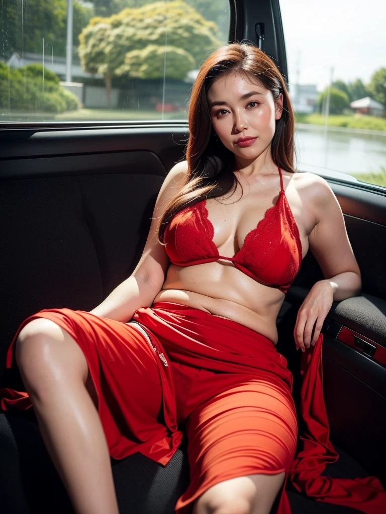 A Beautiful Asian Woman, Red Lips, Thick Long Hair Who Appears To Be Sleeping Or Resting. She Is Seated, and tears, Possibly In A Car, As Suggested By The Visible Car Seat And Window. The Woman Is Wearing Red Micro Bikini, G String Bikini, Big Breast, Curve Hourglass Body, Red High Heels, And Her Head Is Tilted To The Side, Resting On Her Hand. The Background Shows A Rainy Scene Outside The Window, Adding A Serene And Calm Atmosphere To The Image. The Art Style Is Detailed And Has A Somewhat Comic Or Graphic, in the middle of night