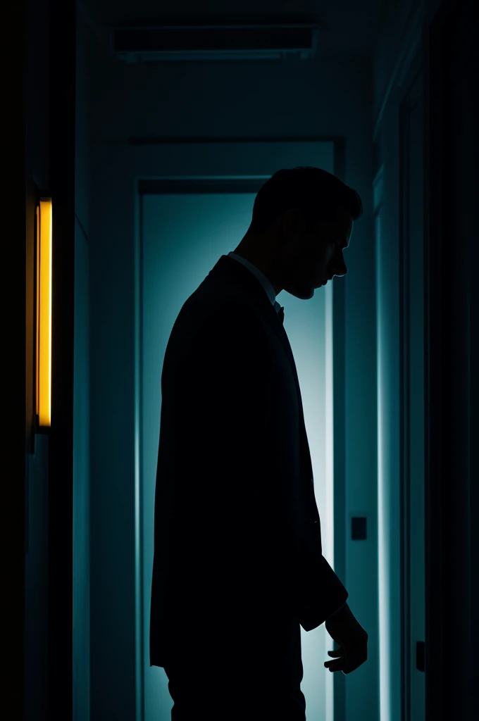 Faceless man in a dark room at night and lights behind