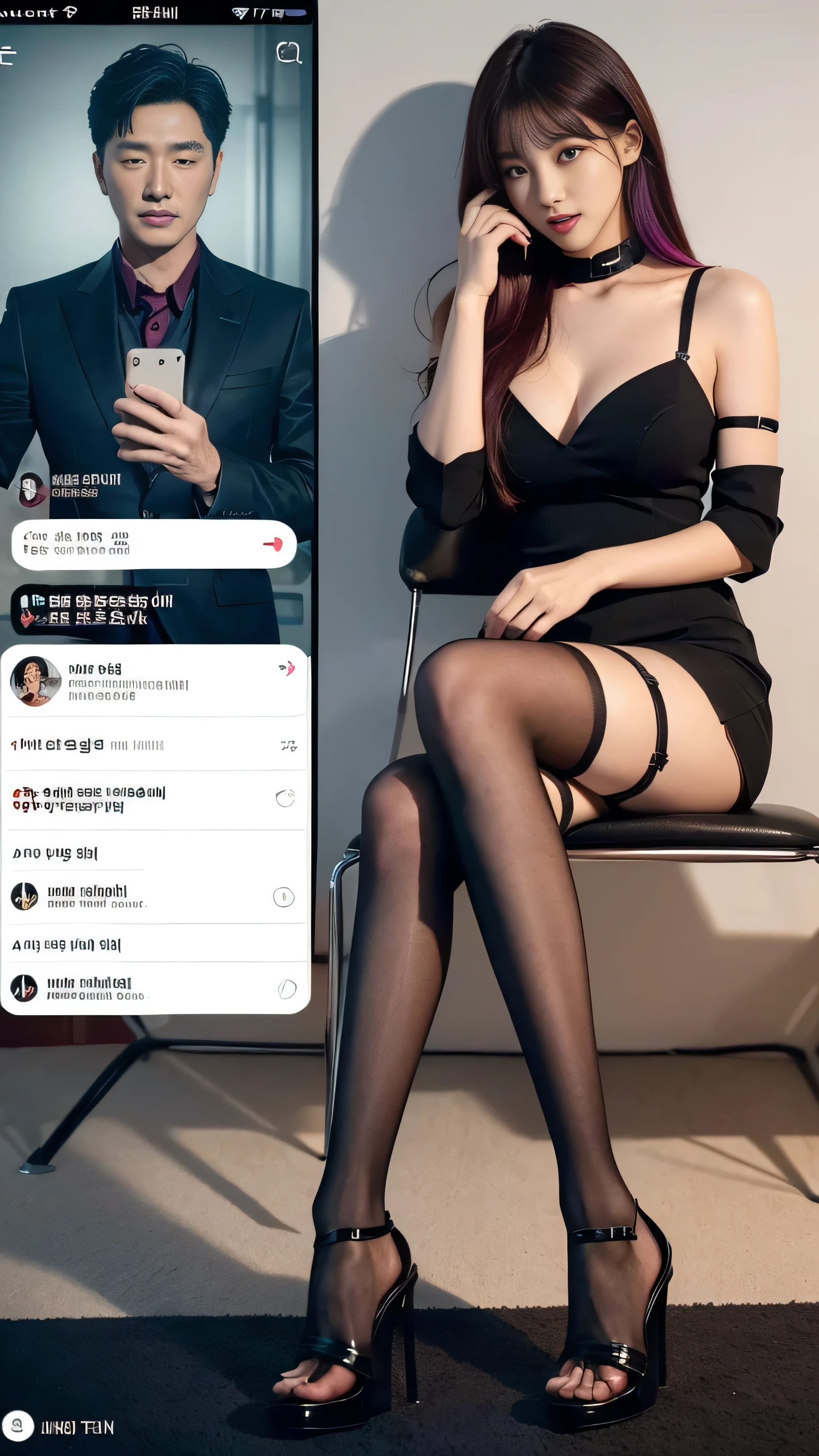  (high quality), (SFW), (vertical split screen:1.6), (Various scans:1.5),  (A middle-aged Korean man enjoying a smartphone chat app with a Korean prostitute. : 1.6), (A man looks at his smartphone and has a non-face-to-face conversation with a woman..:1.4), (The prostitute has colorful dyed hair and pretty face makeup. : 1.4), (She is a prostitute wearing a feminine dress, stockings and strappy high heels to seduce men.:1.3), her instagram feed, her daily life, her facebook account, Her smartphone display shows followers and a number of Korean adult men chatting with her., Chat language is English., The man is waiting for her answer, Each pop-up window is displayed.., chat history, Online Profiles and Photos, And the man asks her to chat on the smartphone screen.. He and she take turns messaging on a chat app.., her time is night,