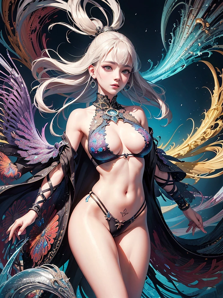 official art, unity 8k wallpaper, ultra detailed, beautiful and aesthetic, masterpiece, best quality, (zentangle, mandala, tangle, entangle), (fractal art:1.3) , 1girl, extremely detailed, dynamic angle, cowboyshot, the most beautiful form of chaos, elegant, a brutalist designed, vivid colours, romanticism, by james jean, roby dwi antono, ross tran, francis bacon, michal mraz, adrian ghenie, petra cortright, gerhard richter, takato yamamoto, ashley wood, atmospheric, ecstasy of musical notes, streaming musical notes visible. (masterpiece, top quality, best quality, official art, beautiful and aesthetic:1.2), (1girl:1.3), extremely detailed,(crotch tattoo), transparent top clothing, (fractal art:1.1),(colorful:1.1)(sea creatures:1.3),highest detailed,(zentangle:1.2), full body, (abstract background:1.3), (shiny skin), (many colors:1.4), ,(earrings), best quality, ultra-detailed, super detailed skin, cute, extremely detailed, 8K, solo, single, dynamic angle, beautiful female, belly button, blash, smile, uncensored, motion, navel, croptop, two-tone hair color, HDR, wind, perfect hand, active, ART STYLE