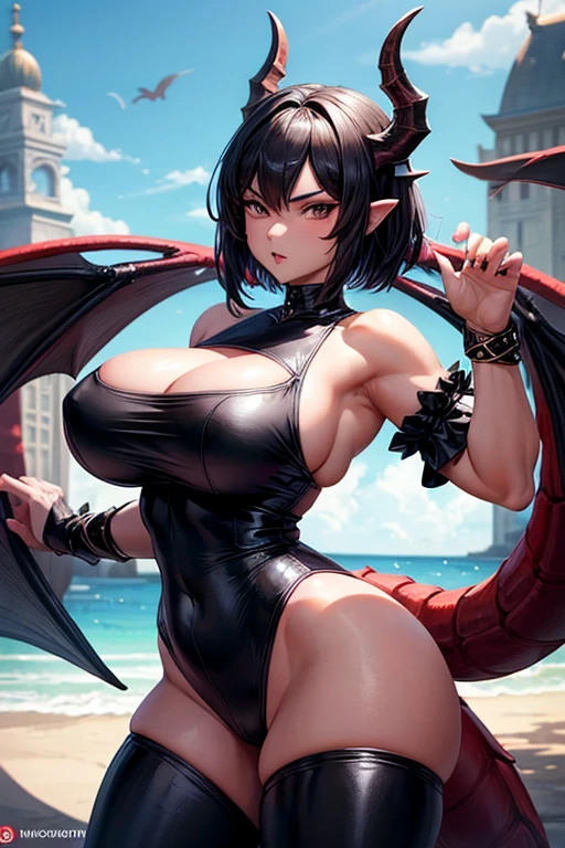 Half-dragon female character, fully body, big-ass, large breasted, black short outfit, em poses sensuais, mostrando a bunda, olhos para a câmera