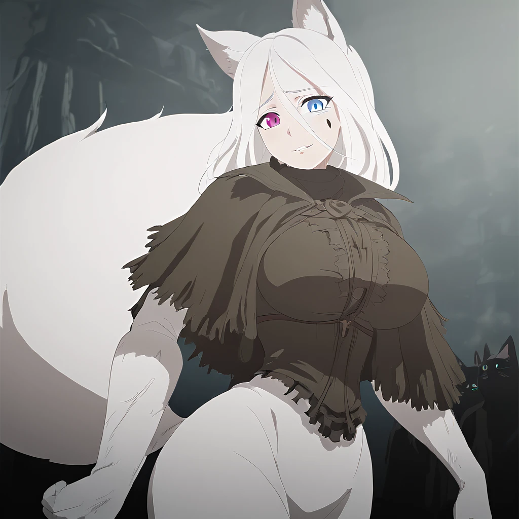 beautiful white neko, long white neko ears, white neko tail, anime style, purple eye, blue eye, big breasts, extremely detailed eyes and face, Wearing Hunter Outfit (Bloodborne), white long hair, heterochromia, wide waist, mature woman, black small beauty mark under right eye