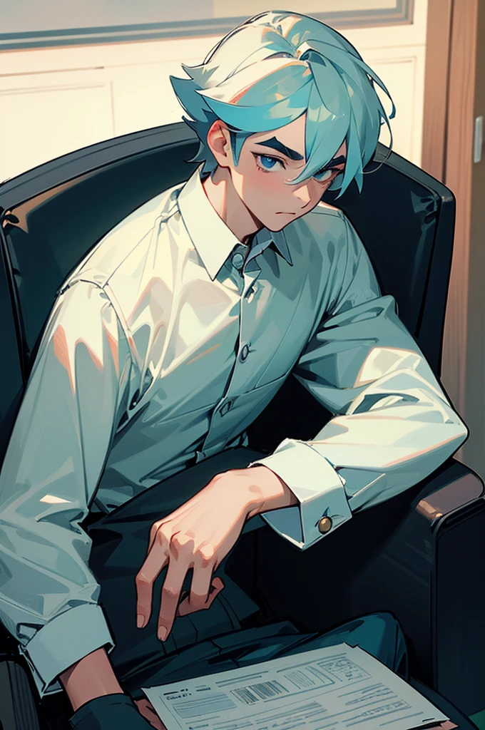 highres, masterpiece, high definition, high quality, realistic, 1boy, larry\(pokemon\), white shirt, two toned hair, thick eyebrows, sittinin an office chair, sleepy,
