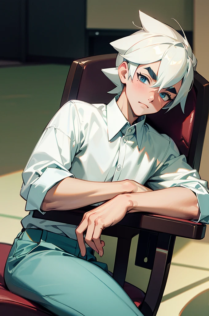 highres, masterpiece, high definition, high quality, realistic, 1boy, larry\(pokemon\), white shirt, two toned hair, thick eyebrows, sittinin an office chair, sleepy,