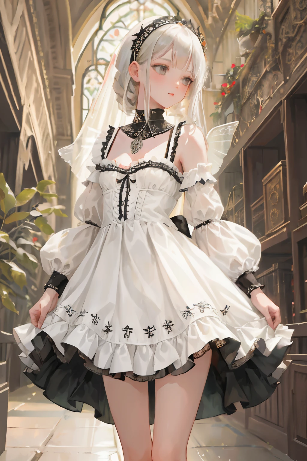((best quality)), ((masterpiece)), (detailed), a heavenly female knight, imposing, biblical, NSFW, long white grey hair, grey white eyes, very skinny, detailed, best quality, prominent collarbones, skinny arms, flat stomach, visible hip bones, small breasts, full body, red and white clothing, occult aesthetic, occult, detailed and intricate steampunk and detailed gothic, NSFW, Fluttering lace flared long knee length dress with frilly petticoats, knee length dress, pleated petticoats, petticoats gothic, complex lace boots, gothic aesthetic, wielding a mighty sword with mechanical components, mandalas, small breasts, a fairy, various different types of insect wings, bug wings, beetle wings, NSFW, full body, whole body, body, chains,