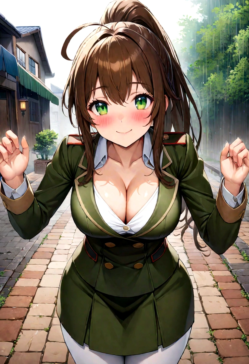 Masterpiece, Best Quality, Official Art, (Highly Detailed CG Unity 8k wallpaper), Detailed background, (Hands by Guido Daniele: 1.1), Feet out of frame, First Person View, 1, Attractive and Perfect Beautiful Woman, , JK,  Uniform, Rainy Day, Lots of Rain, Windy, (Curvaceous), ( White Thighs: 1.12), (Brown Long Hair: 1.12), (Ahoge (1.13), (high ponytail: 1.12), (green eyes: 1.13), big, (cleavage), beautiful face, (blush: 1.11), (smile: 1.11)