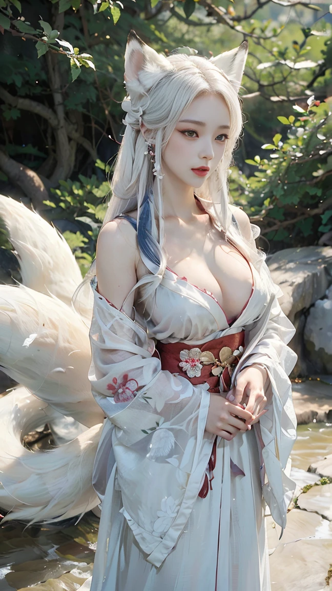 one nine-tailed fox girl wearing a kimono with her chest almost exposed, Beutiful eyes, skin white,pale skin, white kimono, very long white hair, fox ears, nine fox tails, chest almost visible, very large chest, very big chest