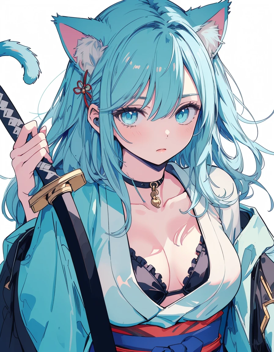 Japanese Samurai, black bikini, long big katana, ((masterpiece, best quality:1.5)), ((Beautiful detailed cat aqua eyes:1.2)), cat ears, pale skin, medium breasts, beautiful hands, beautiful fingers, EasyNegative