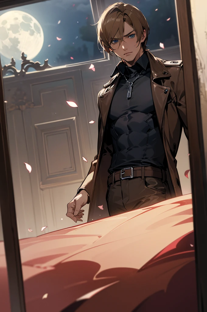 absurdres, highres, ultra detailed, HDR, masterpiece, Leon S Kennedy, blond-brown hair, expressive blue eyes, Resident Evil 6, 1man, handsome, brown coat, tight black shirt, toned chest, window, moon, petals, roses