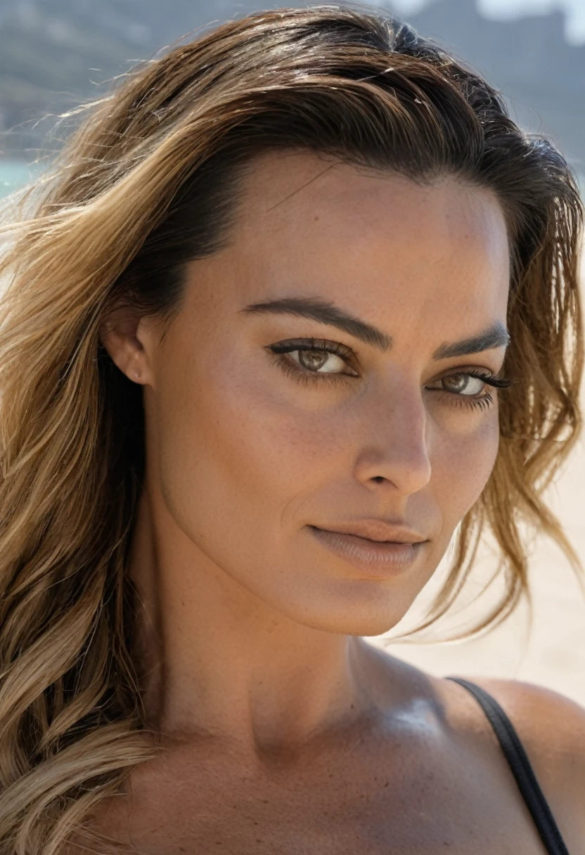 high quality portrait Erotic celebrity photo , 40yo woman ( Magrot Robbie, beach side , photorealistic , celebrity , black color hair ,random click, dramatic and erotic lighting , woman , oily skin texture ) sunbathing , shiny sweaty skin , sexualized move, erotic angles, sweaty flat breas,t celebrity erotic photograph , oily , shiny sweaty skin, on beach, celebrity, female, woman, hollywood actress , fleshy muscular woman , ( natural lights, depth of field, detailed face , insanely detailed skin texture, hyper detailed features )