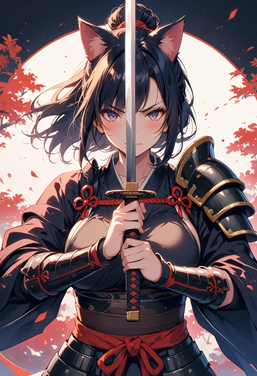 female samurai，samurai armor, with cat ears, pretty, big boobs, winks at the viewer, Sword in both hands