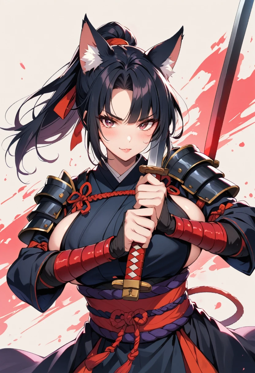 female samurai，samurai armor, with cat ears, pretty, big boobs, winks at the viewer, Sword in both hands