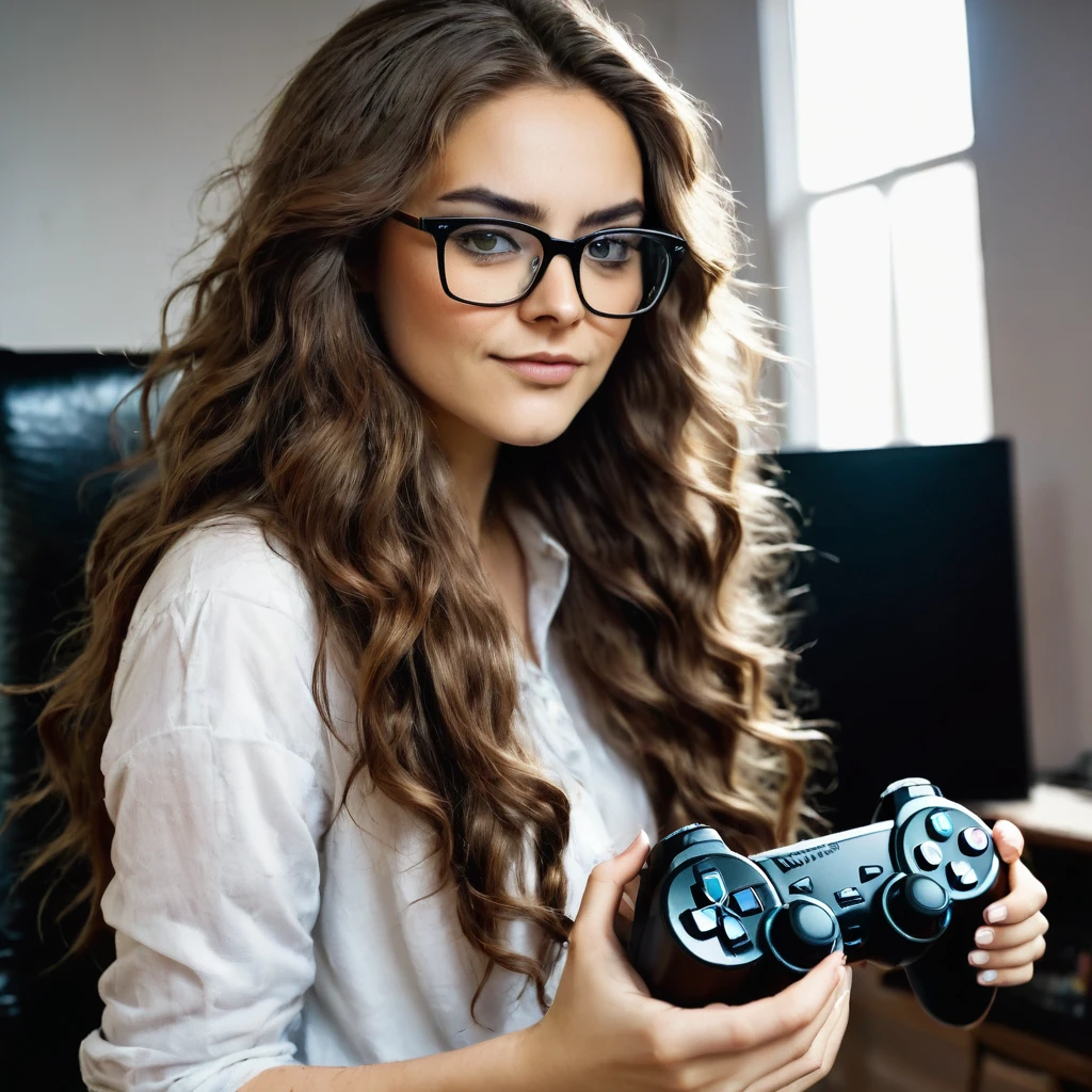 
bearded woman, long frizzy brown hair, wears glasses, geek nerd, plays video games