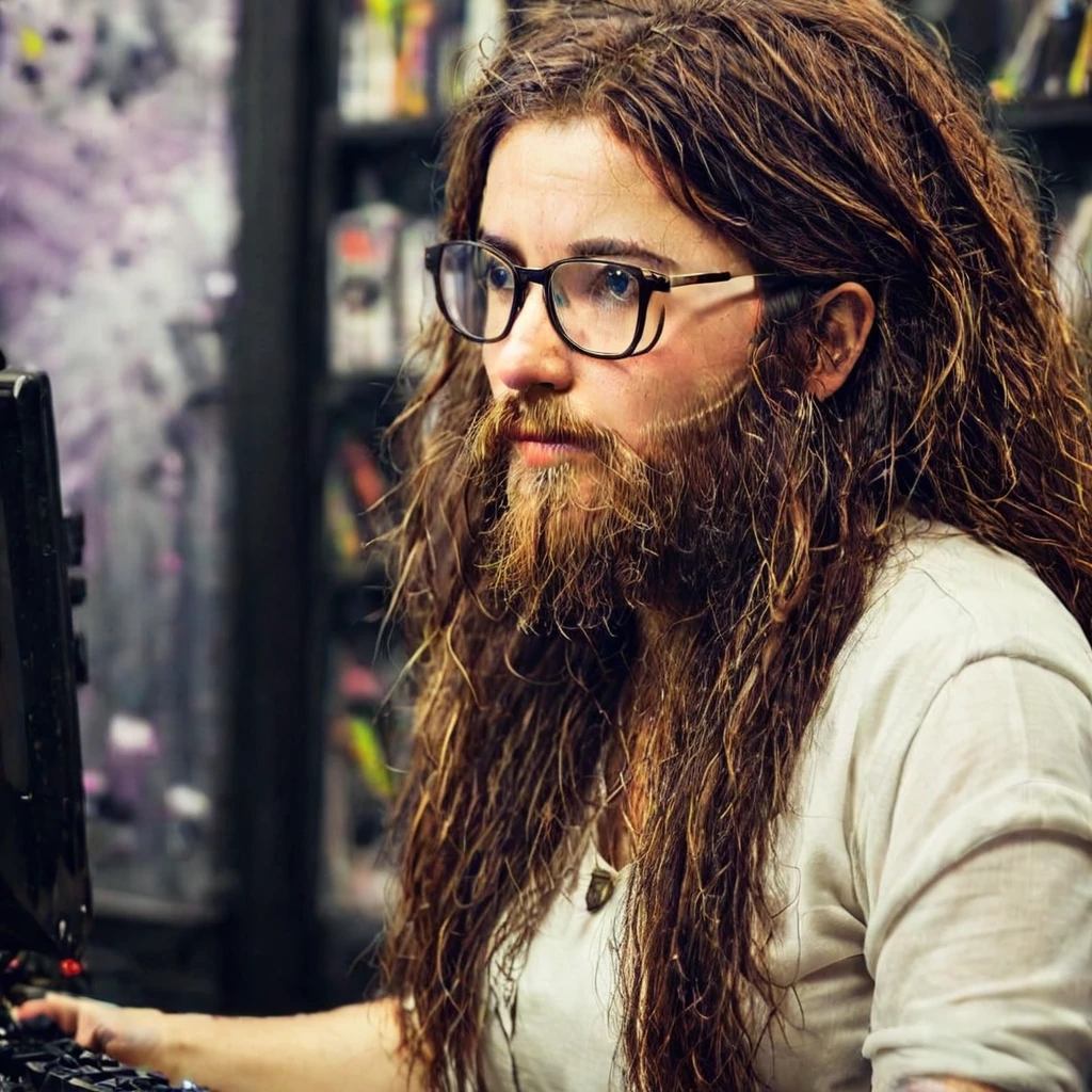 
bearded woman, long frizzy brown hair, wears glasses, geek nerd, plays video games