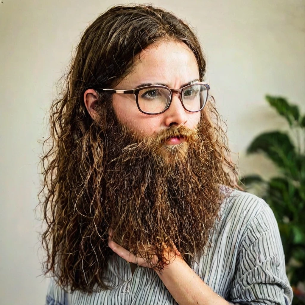 
bearded woman, long frizzy brown hair, wears glasses, geek nerd, plays video games