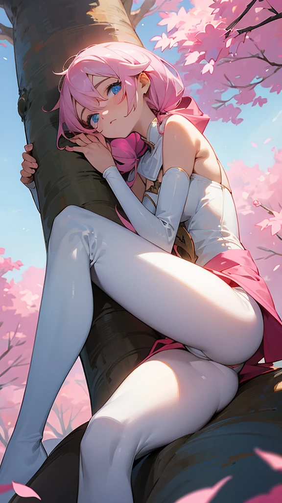 Une fille avec des long cheveux blancs,Blue eyes,she sits at the foot of a giant tree with pink leaves in a plain