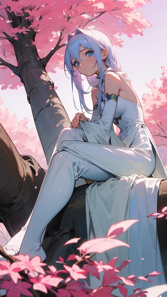 Une fille avec des long cheveux blancs,Blue eyes,she sits at the foot of a giant tree with pink leaves in a plain 