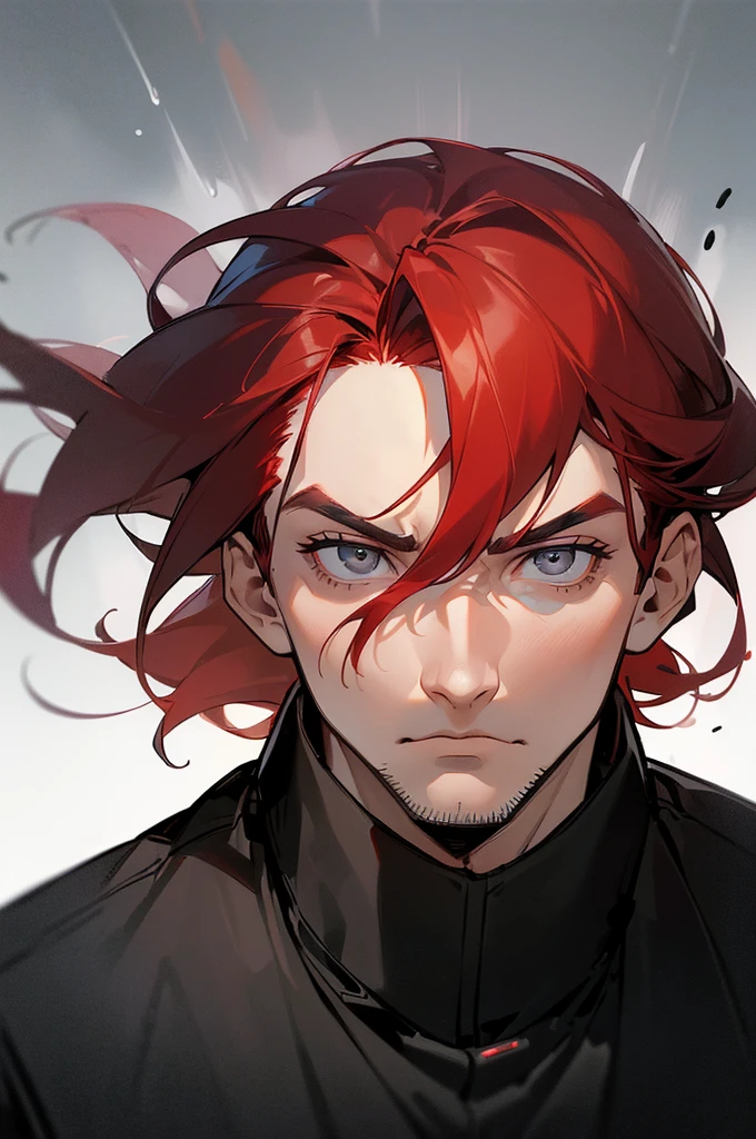 (((1 Adult man, 40 years))), ((Red hair)), ((grey eyes)), black turtleneck, black pants, Black background, Large assembly, a pumped-up body, ((half of the body, portrait)), good anatomy, (Detailed eyes, Even the eyes), serious look, predatory look, serious expression, black jacket, dynamic pose, military, captain