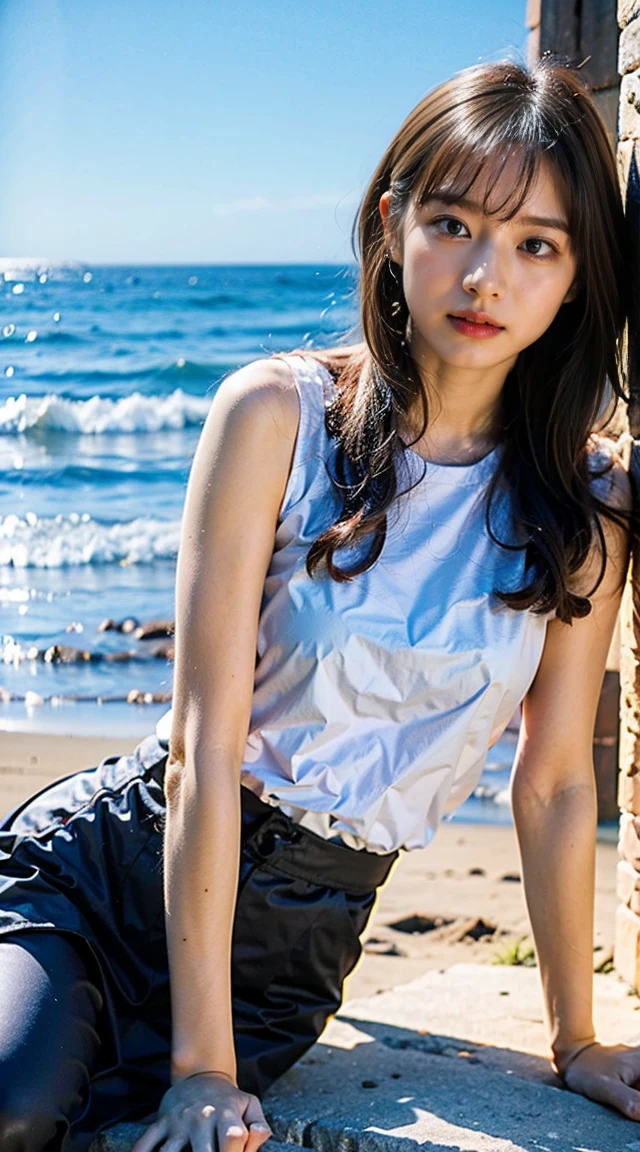 brunette,réaliste,de face,8k,yeux marrons,debout sur une plage,coucher de soleil,pose,