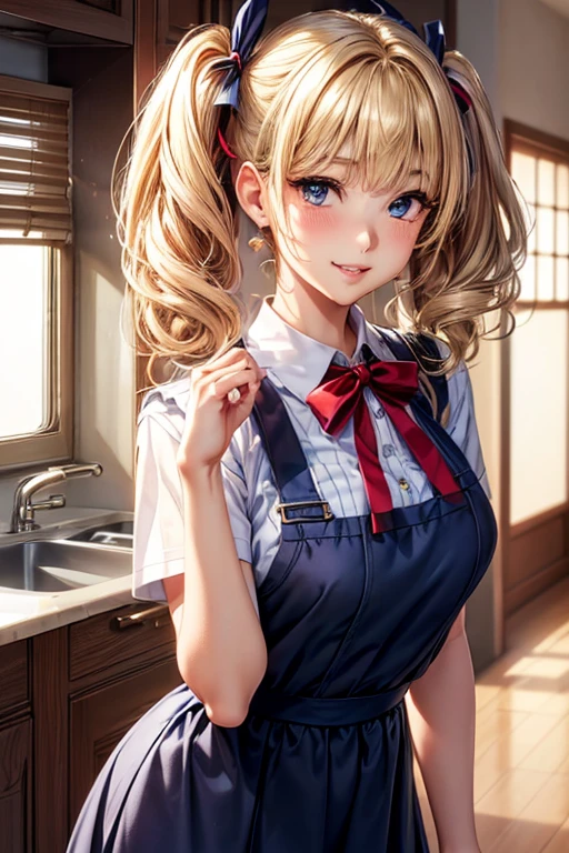 #Basics A girl is posing for a photo, animeのかわいい女の子, (((One Girl, Baby Face, Young girl, 16 years old))),
BREAK
#Clothing Accessories
(Navy blue sailor suit + Red apron + Navy blue knee socks), (Silver Earrings),
BREAK
#Features
((Blonde:1.4), Curly hair:1.4, (Twin tails : Short Hair + Full and voluminous hair + Large black ribbon)),
(Droopy eyes, blue eyes), (Small breasts),
BREAK
#background environment
((morning, Sunlit kitchen:1.4, 食卓にmorning食が並んでいる)),
#Facial Expression Pose
((Wicked Smile), (Are standing)),
#composition
((Face the camera, Angle from the front, Cowboy Shot:1.4)),
BREAK
#Body parts elements
(Detailed hair, Beautiful Hair, Shiny Hair),
(double eyelid, Long eyelashes),
(Expression of fine eyes, Beautiful and delicate eyes, Sparkling eyes, Eye Reflexes, Glitter Eyeliner),
(Human Ear),
(Beautiful Nose, Thin Nose),
(Glossy lips, Beautiful Lips, Thick lips, Glossy Lips, Natural Cheeks),
(Detailed face, Symmetrical facial features),
(Detailed skin, Textured skin, Beautiful Skin, Shiny skin),
BREAK
#Quality
(((Highest quality)), ((masterpiece)), ((Very detailed))), ((High resolution), (16K,1080P)),
(Realistic), (Anatomically correct),
((comics, anime)), (3DCG), CG illustration,
