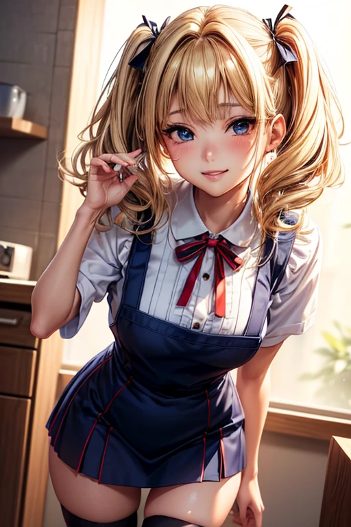 #Basics A girl is posing for a photo, animeのかわいい女の子, (((One Girl, Baby Face, Young girl, ))),
BREAK
#Clothing Accessories
(Navy blue sailor suit + Red apron + Navy blue knee socks), (Silver Earrings),
BREAK
#Features
((Blonde:1.4), Curly hair:1.4, (Twin tails : Short Hair + Full and voluminous hair + Large black ribbon)),
(Droopy eyes, blue eyes), (Small breasts),
BREAK
#background environment
((morning, Sunlit kitchen:1.4, 食卓にmorning食が並んでいる)),
#Facial Expression Pose
((Wicked Smile), (Are standing)),
#composition
((Face the camera, Angle from the front, Cowboy Shot:1.4)),
BREAK
#Body parts elements
(Detailed hair, Beautiful Hair, Shiny Hair),
(double eyelid, Long eyelashes),
(Expression of fine eyes, Beautiful and delicate eyes, Sparkling eyes, Eye Reflexes, Glitter Eyeliner),
(Human Ear),
(Beautiful Nose, Thin Nose),
(Glossy lips, Beautiful Lips, Thick lips, Glossy Lips, Natural Cheeks),
(Detailed face, Symmetrical facial features),
(Detailed skin, Textured skin, Beautiful Skin, Shiny skin),
BREAK
#Quality
(((Highest quality)), ((masterpiece)), ((Very detailed))), ((High resolution), (16K,1080P)),
(Realistic), (Anatomically correct),
((comics, anime)), (3DCG), CG illustration,