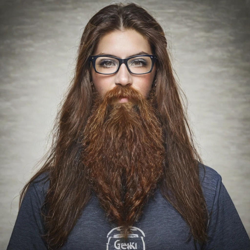 
bearded woman, long frizzy brown hair, wears glasses, geek nerd, plays video games