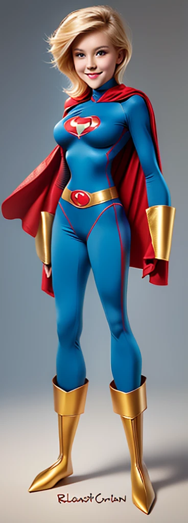 The character Power Girl, perfect and traditional costume, bright blue yes, red cape, blond hair, smooth curves, extremely beautiful e realistic anatomy, beautiful smile? hyperrealistic anatomy