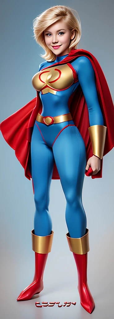 The character Power Girl,  perfect and traditional costume, bright blue yes, red cape, blond hair, smooth curves, extremely beautiful e realistic anatomy, beautiful smile? hyperrealistic anatomy 