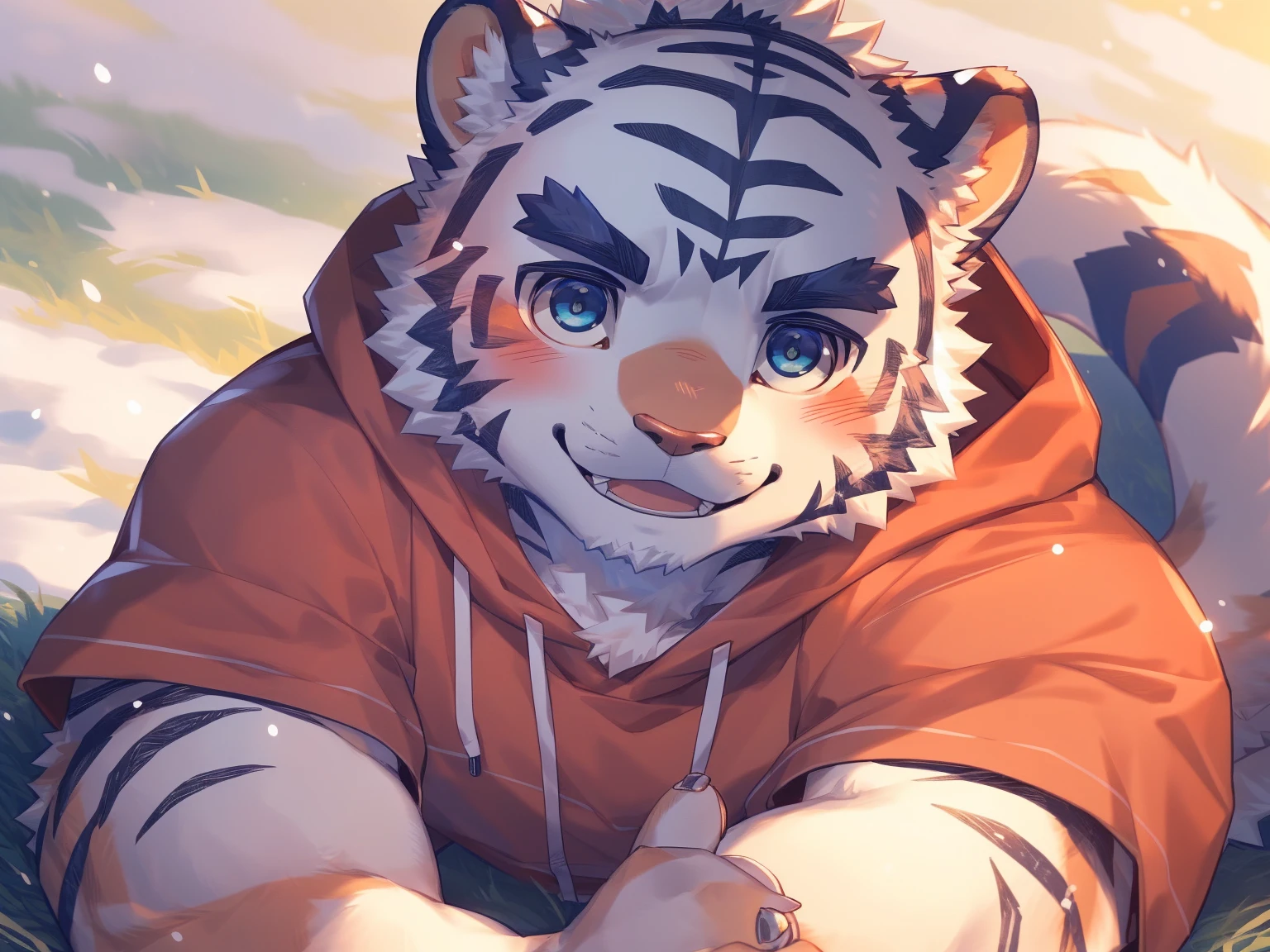 (Imagine:1.5), solitary, anthropology, hairy, hairy male, tiger, ((Fluffy fur, Fluffy, hairy body)), (Snow leopard print), (thick eyebrows), youth, muscular, The skin is white and big, Blue-gray pupils, Detailed teeth, , sideways, 害羞expression, 淡淡的Smile, blush, (動態posture:1.5), clear facial features, strong, majestic, solitary, panoramic, Fog atmosphere, early morning, Tyndall light effect, (author:ghost of emptiness, From Snow Leopard 20, masterpiece, high quality, High resolution,8K)Animal species**:tiger - **color**:black and white - **expression**:Smile,blush - **decorate**:Blue and pink wreath - **posture**:lying down,Hand reaching for the camera - **Scenes**:green grassland - **detail**:草原上有各式color的小花 - **visual angle**:俯視 - tiger躺在草地上,從俯visual angle度看過去。 - tiger的頭部微微傾斜,臉上帶著Smile,There is a slight blush on the cheeks。 - One hand reaches towards the camera,Seems to be greeting the audience。 - Wearing a wreath of blue and pink flowers on her head。 - 草地上有各種color的小花,background soft tones,Bright colors。(Pink sweatshirt:)Male Male Male