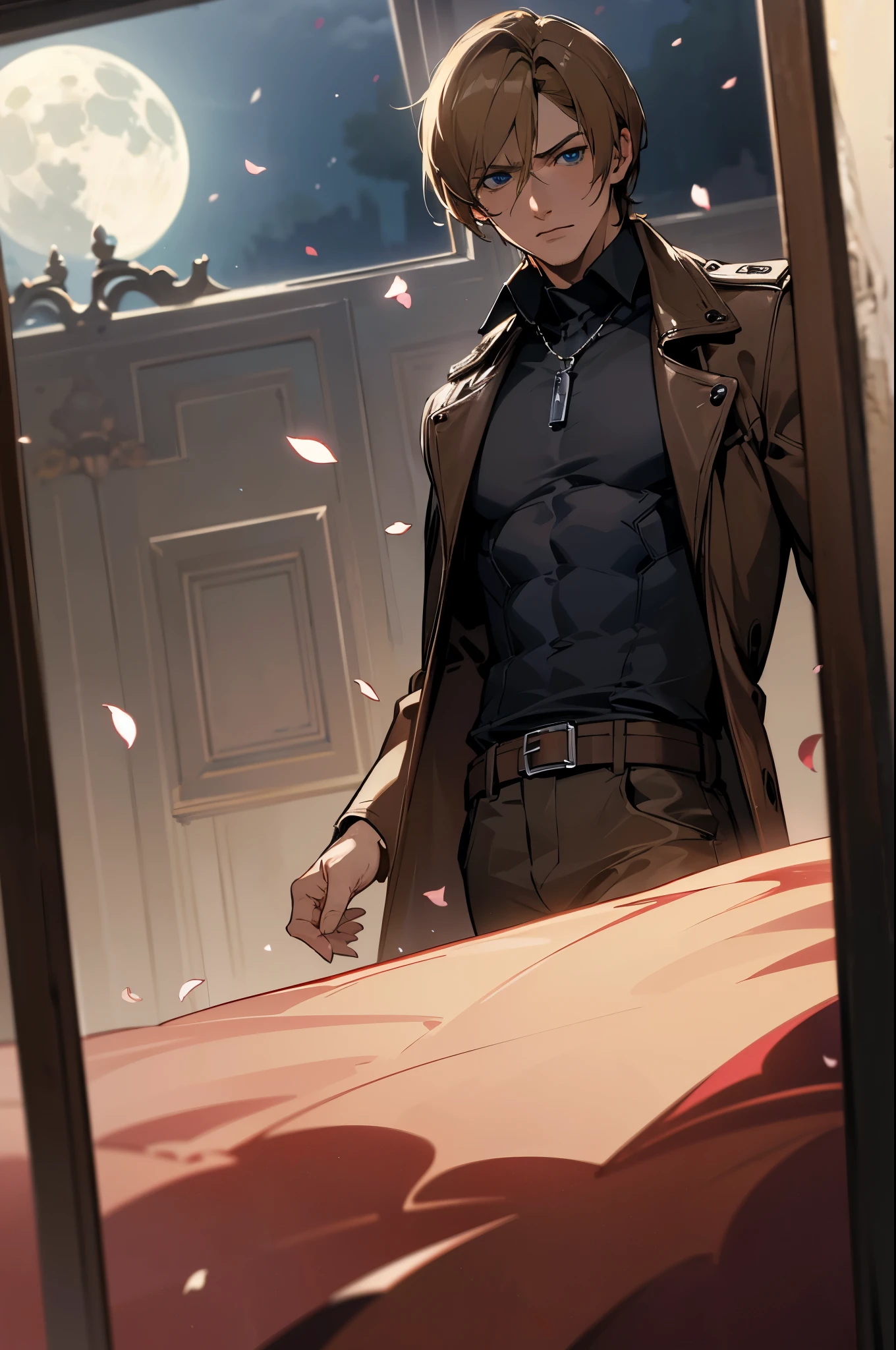 absurdres, highres, ultra detailed, HDR, masterpiece, Leon S Kennedy, blond-brown hair, expressive blue eyes, Resident Evil 6, 1man, handsome, brown coat, tight black shirt, toned chest, window, moon, petals, roses