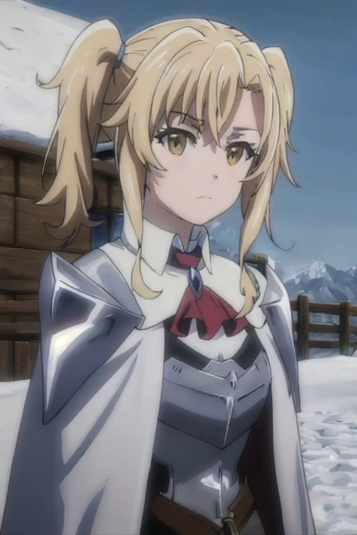 GoblinSlayer, NobleFencer, solo, girl1, looking at viewer, long sleeves, brown eyes, cape, armor, shoulder armor, portrait, red ascot, snow, outdoor