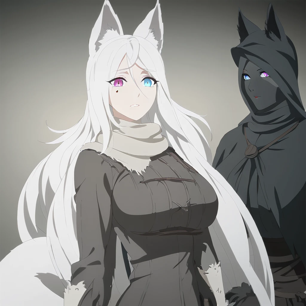 beautiful white neko, long white neko ears, white neko tail, anime style, purple eye, blue eye, big breasts, extremely detailed eyes and face, Wearing Hunter Outfit (Bloodborne), white long hair, heterochromia, wide waist, mature woman, black small beauty mark under right eye