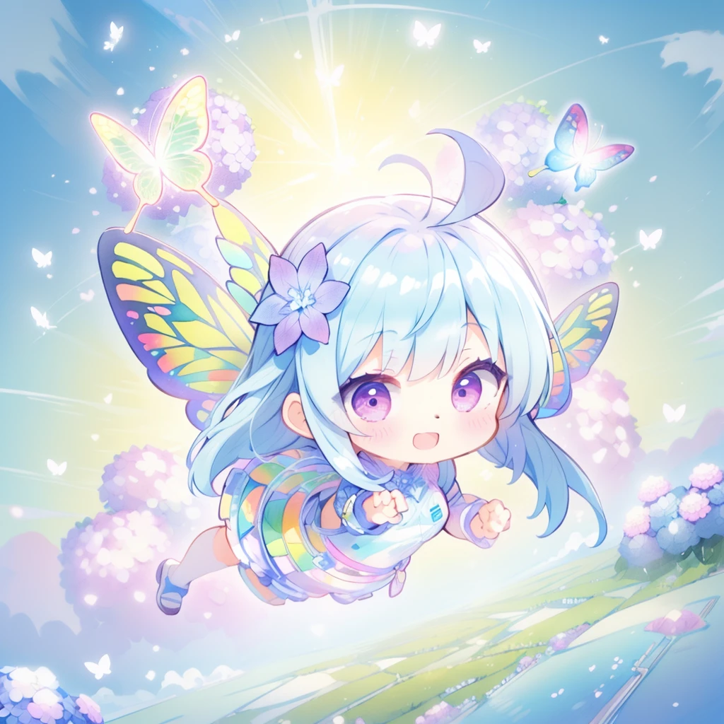 Highest quality,masterpiece,watercolor, Pastel colors, pale color, Lighten the lines, hydrangea,girl, solo, smile, Blue Hair,long hair, ((Butterfly wings)), (Floating in mid-air), flying though the air, Embracing the Hydrangea Flowers, Full body,Surrounded by beautiful nature, (((Chibi Character))), (((Aerial view of hydrangea)))
