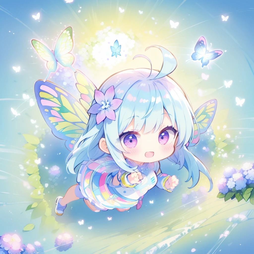 Highest quality,masterpiece,watercolor, Pastel colors, pale color, Lighten the lines, hydrangea,girl, solo, smile, Blue Hair,long hair, ((Butterfly wings)), (Floating in mid-air), flying though the air, Embracing the Hydrangea Flowers, Full body,Surrounded by beautiful nature, (((Chibi Character))), (((Aerial view of hydrangea)))