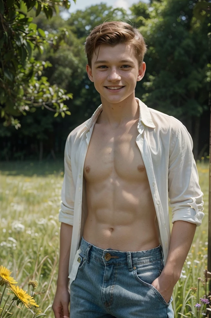 ((OPEN SHIRT))), AS KID  TOM HOLLAND, A young boy with a bright smile and curious gaze stands tall in a lush green meadow, surrounded by wildflowers. His blonde hair, SHORT HAIR, UNDERCUT HAIR,  ruffles gently in the breeze as he surveys his surroundings, dressed in a simple white shirt and worn jeans. The warm sunlight casts a golden glow on his freckled face, and the soft focus of the image draws attention to his adorable expression.,photorealistic