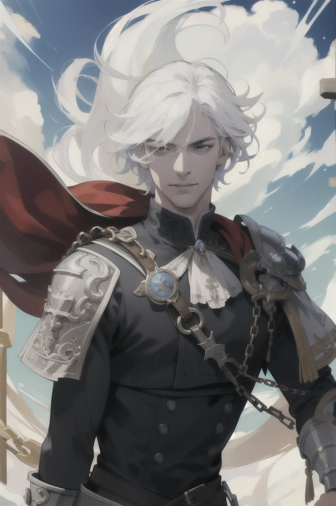 (absurdres, highres, ultra detailed), 1 male, mature, manly, tall muscular, handsome, finely detailed eyes, intricate details, portrait, (bloody scars:0.7), looking down, solo, half shot, undetailed background, (victorian theme:1.1), determined smile, battle cleric, hovering in air, bright clouds, floating scraps, fighting stance, color chain mail, divine smite, bright realistic lighting,hair blowing in wind, white eyes, white hair